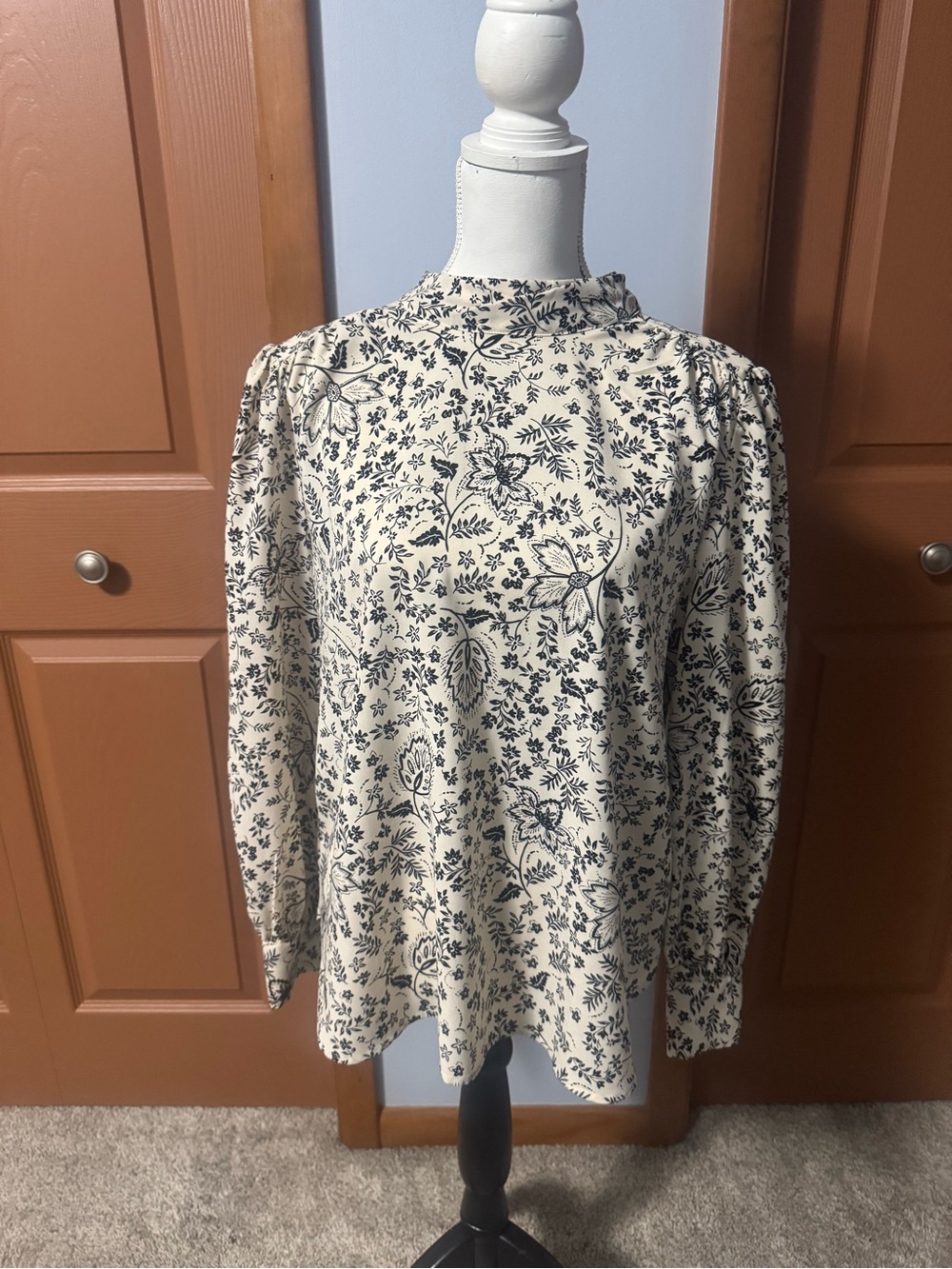LOFT Cream Long-Sleeve High-Neck Top with Black Floral Print